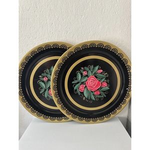 (2) Vintage Round Metal Serving Tray Handpainted Roses Tole Ware 19" Across